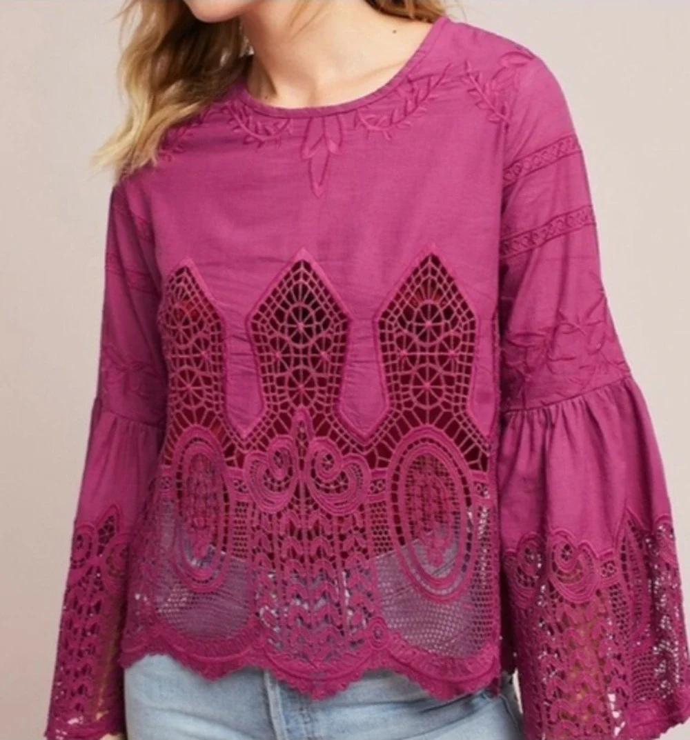Anthropologie Chloe Oliver Lace Embroidered Blouse, Size L 8-12